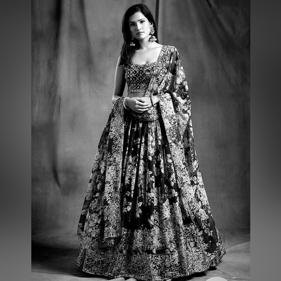 NWT: Navy Floral Embroidered Lehenga - Picture 4 of 5